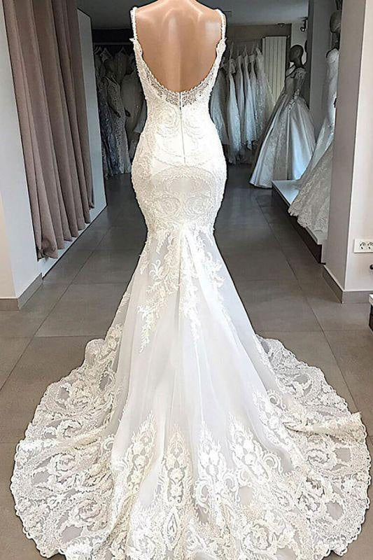 Bridelily Vintage Lace Mermaid Wedding Dress with Appliques Boho Bridal Gown with Train