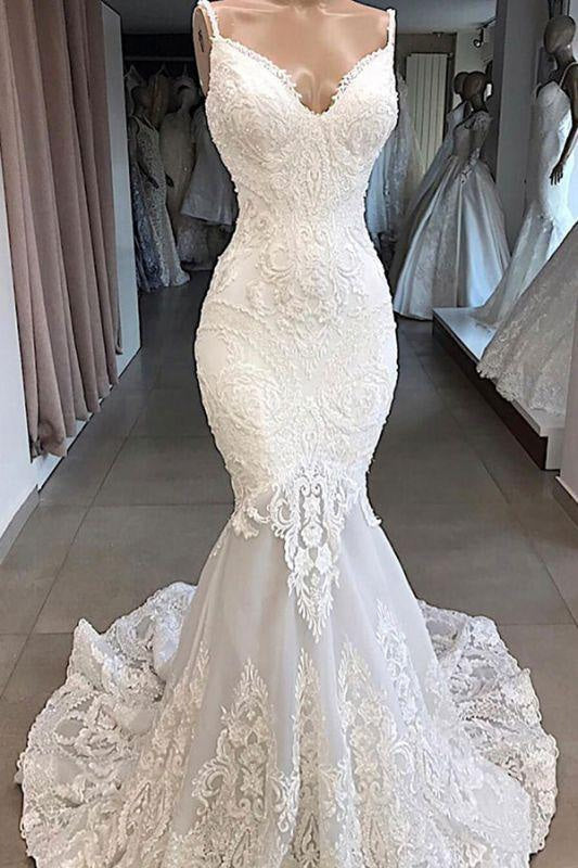 Bridelily Vintage Lace Mermaid Wedding Dress with Appliques Boho Bridal Gown with Train