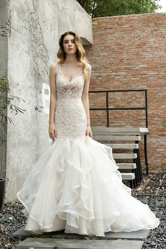 Bridelily Amazing Tulle Lace Sleeveless Mermaid Wedding Dress