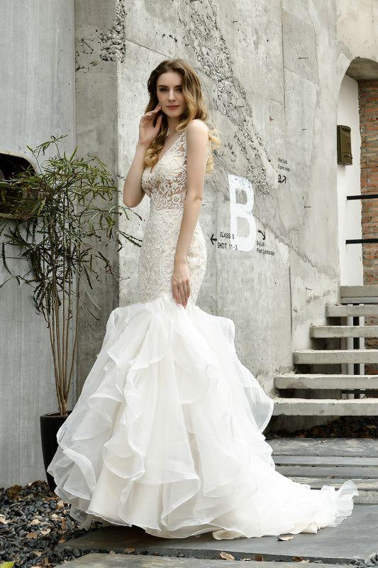 Bridelily Amazing Tulle Lace Sleeveless Mermaid Wedding Dress