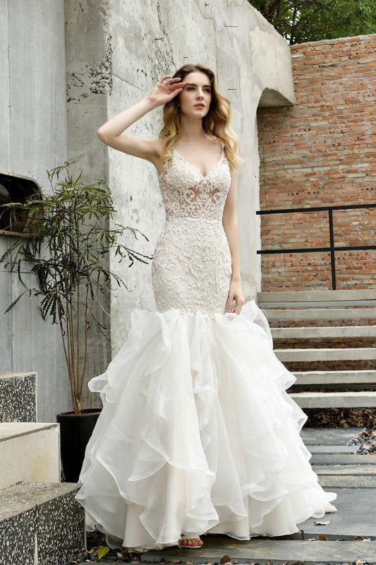 Bridelily Amazing Tulle Lace Sleeveless Mermaid Wedding Dress