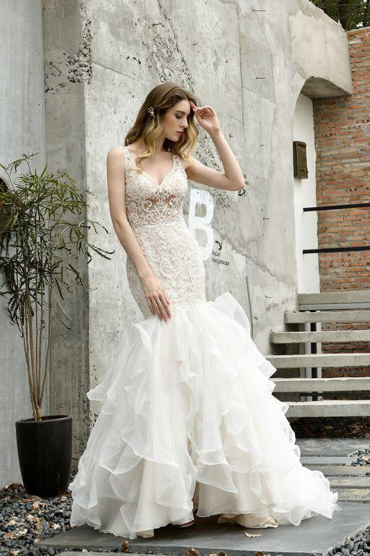 Bridelily Amazing Tulle Lace Sleeveless Mermaid Wedding Dress