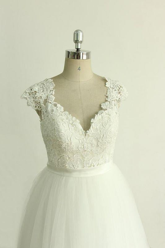 Bridelily Appliques Cap Sleeve Tulle A-line Wedding Dress
