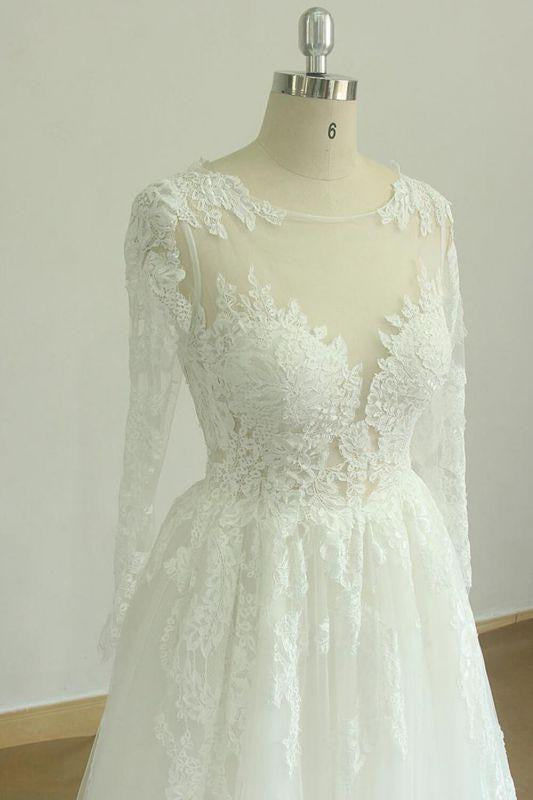 Bridelily Back Cut-out Long Sleeve Tulle A-line Wedding Dress