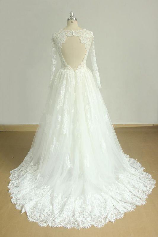 Bridelily Back Cut-out Long Sleeve Tulle A-line Wedding Dress