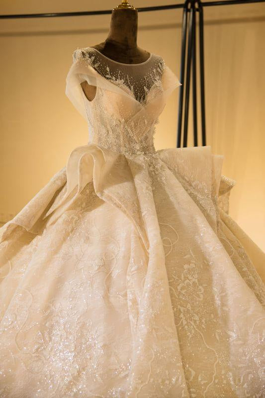 Bridelily Cap Sleeve Appliques Tulle A-line Wedding Dress