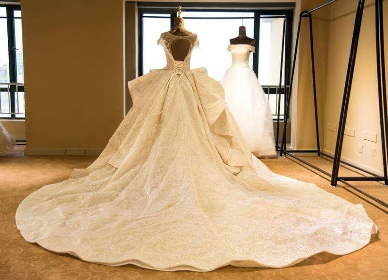 Bridelily Cap Sleeve Appliques Tulle A-line Wedding Dress