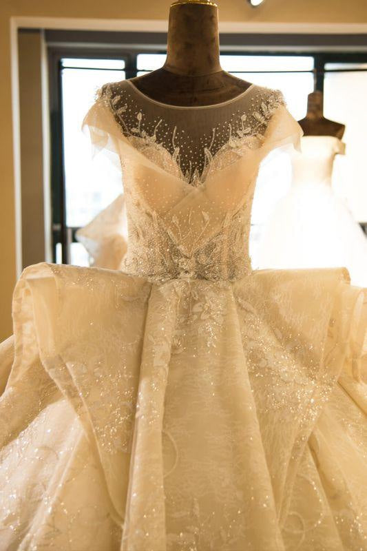 Bridelily Cap Sleeve Appliques Tulle A-line Wedding Dress