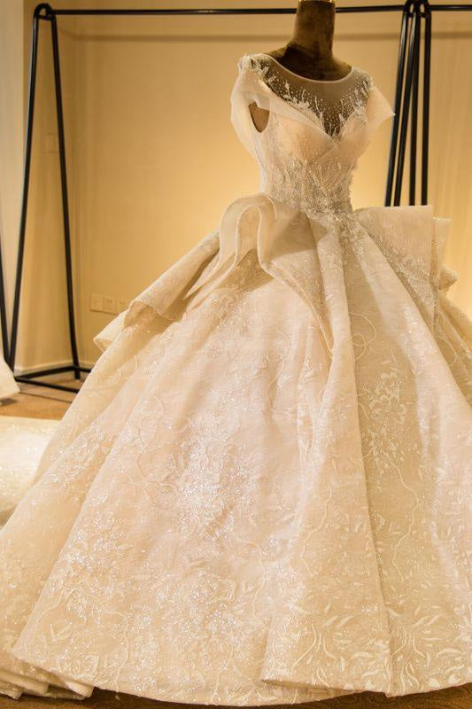 Bridelily Cap Sleeve Appliques Tulle A-line Wedding Dress