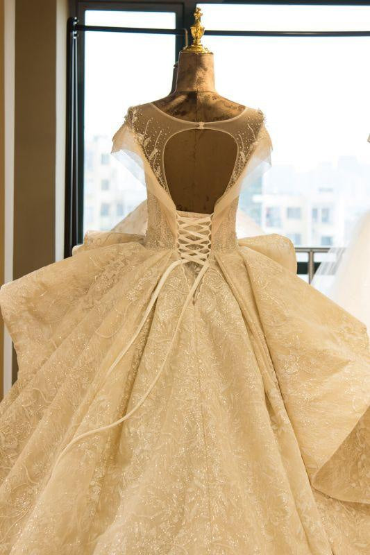 Bridelily Cap Sleeve Appliques Tulle A-line Wedding Dress
