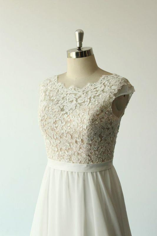 Bridelily Cap Sleeve Lace Chiffon A-line Wedding Dress