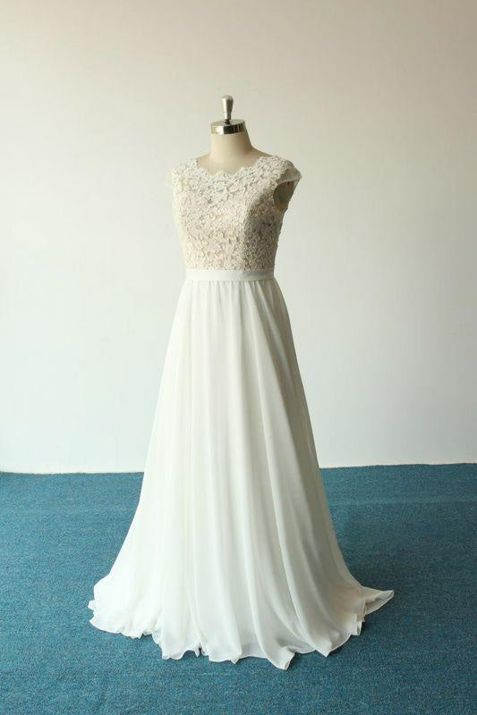 Bridelily Cap Sleeve Lace Chiffon A-line Wedding Dress