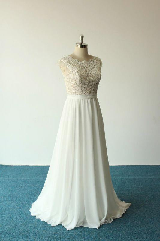 Bridelily Cap Sleeve Lace Chiffon A-line Wedding Dress