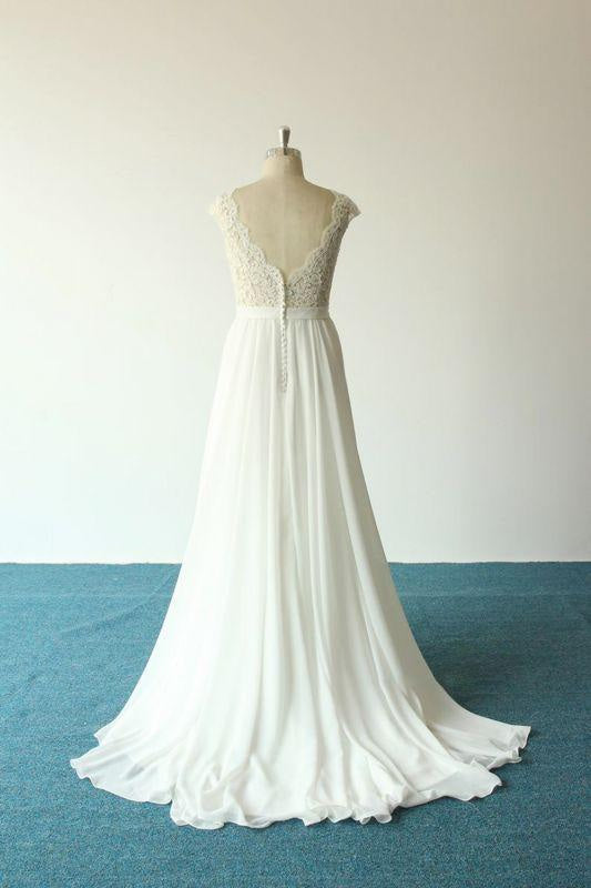 Bridelily Cap Sleeve Lace Chiffon A-line Wedding Dress