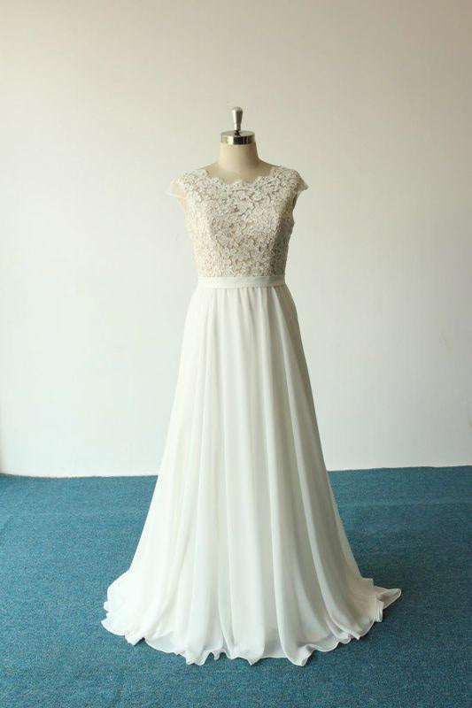 Bridelily Cap Sleeve Lace Chiffon A-line Wedding Dress