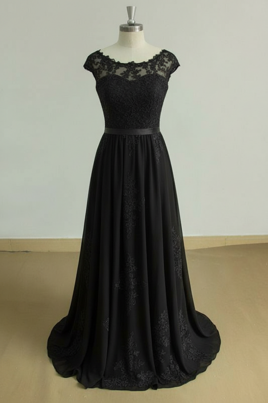 Bridelily Chic Cap Sleeve Lace Chiffon A-line Wedding Dress