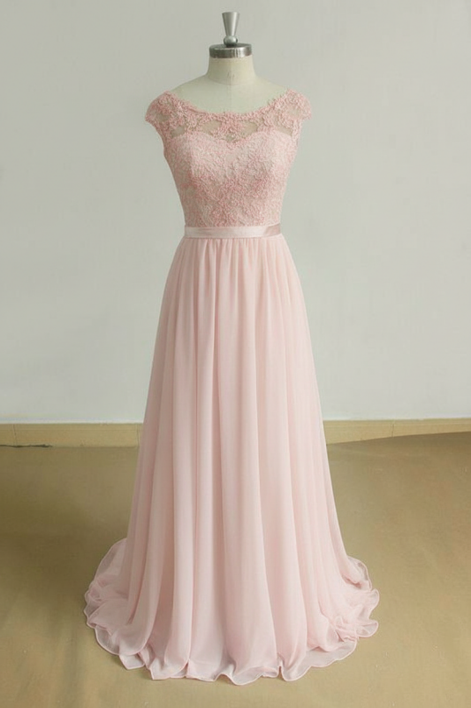 Bridelily Chic Cap Sleeve Lace Chiffon A-line Wedding Dress