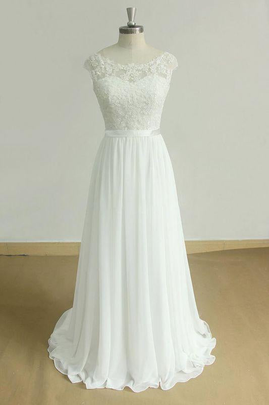 Bridelily Chic Cap Sleeve Lace Chiffon A-line Wedding Dress
