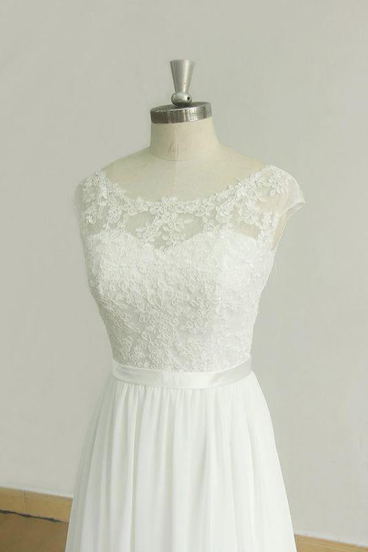 Bridelily Chic Cap Sleeve Lace Chiffon A-line Wedding Dress