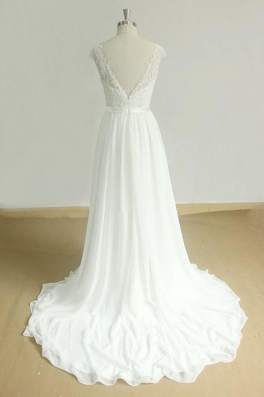 Bridelily Chic Cap Sleeve Lace Chiffon A-line Wedding Dress