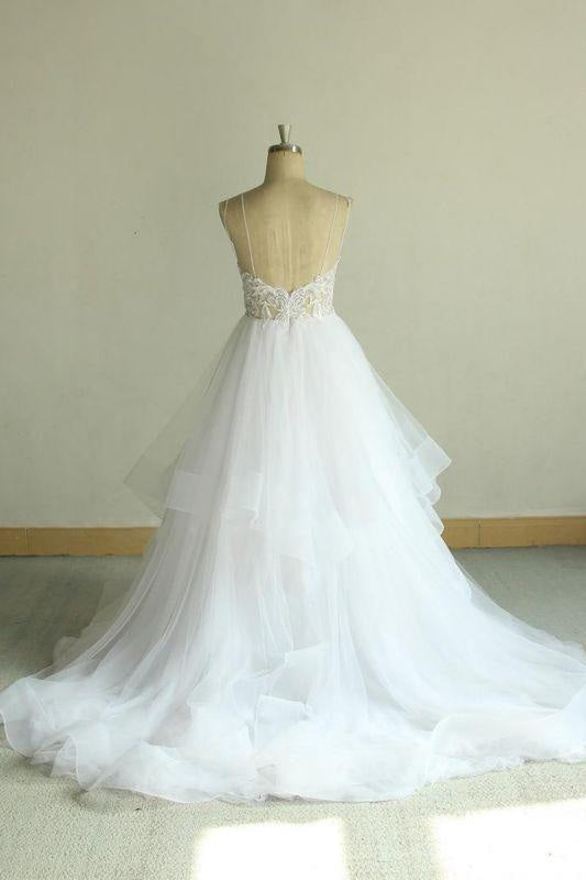 Bridelily Chic Strap Spaghetti Appliques Tulle Wedding Dress