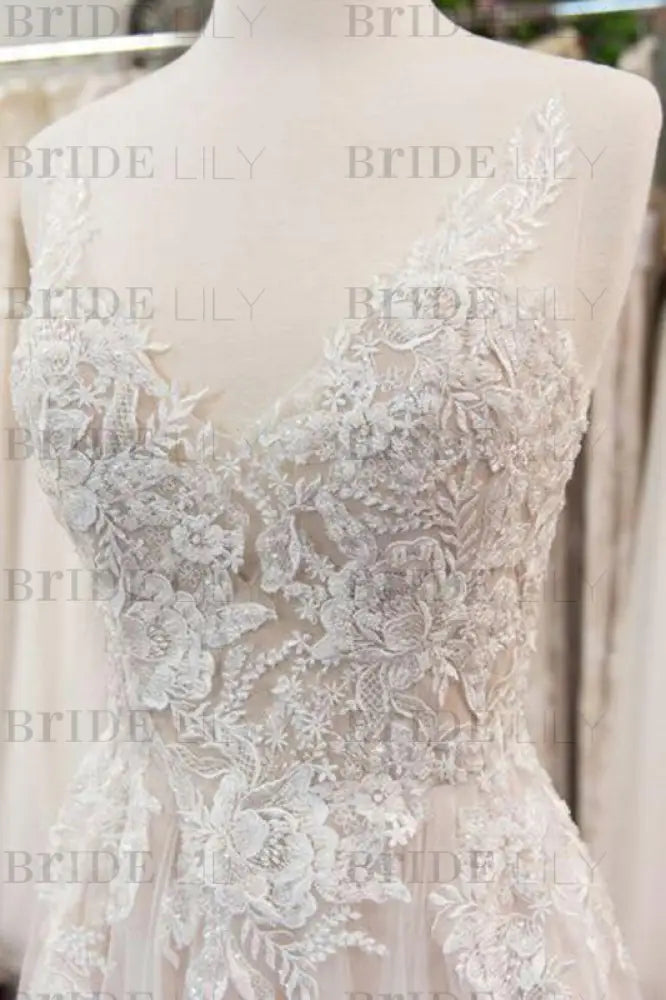 Bridelily Chic V-neck Appliques Tulle A-line Wedding Dress