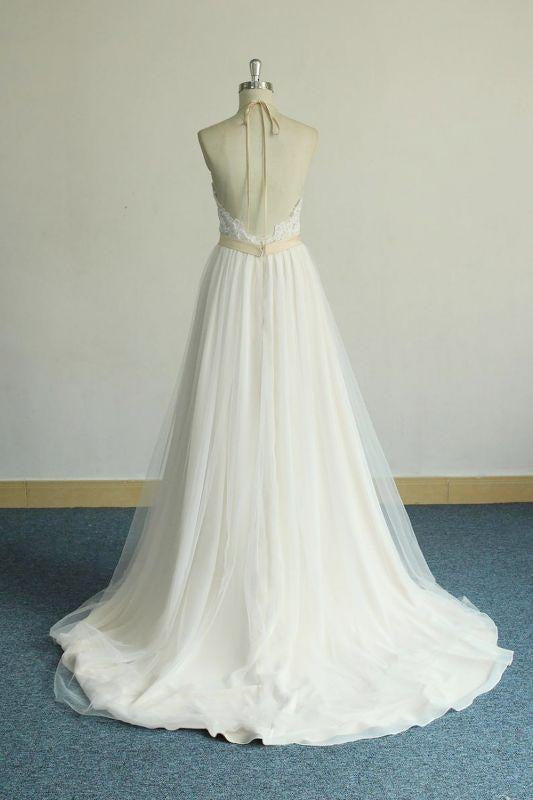 Bridelily Elegant Halter Lace Tulle A-line Wedding Dress