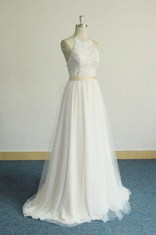 Bridelily Elegant Halter Lace Tulle A-line Wedding Dress