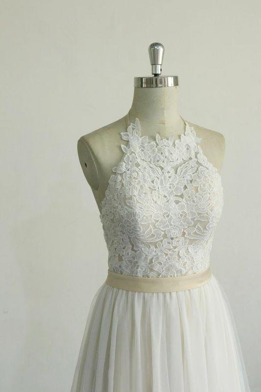 Bridelily Elegant Halter Lace Tulle A-line Wedding Dress