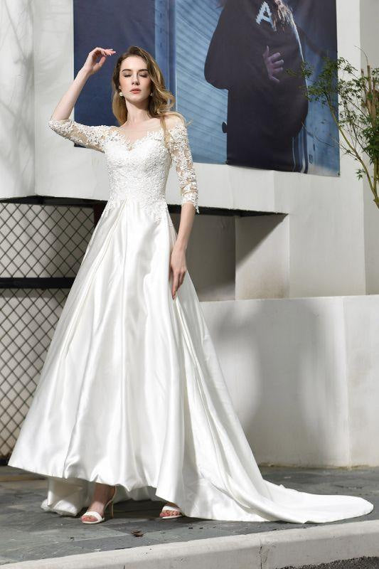 Bridelily Elegant Lace-up A-Line Applique Satin Wedding Dress