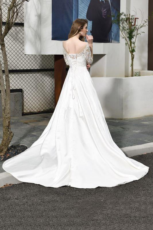 Bridelily Elegant Lace-up A-Line Applique Satin Wedding Dress