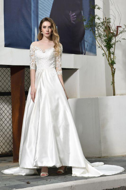 Bridelily Elegant Lace-up A-Line Applique Satin Wedding Dress