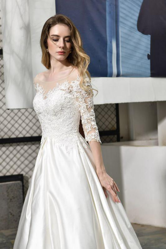 Bridelily Elegant Lace-up A-Line Applique Satin Wedding Dress