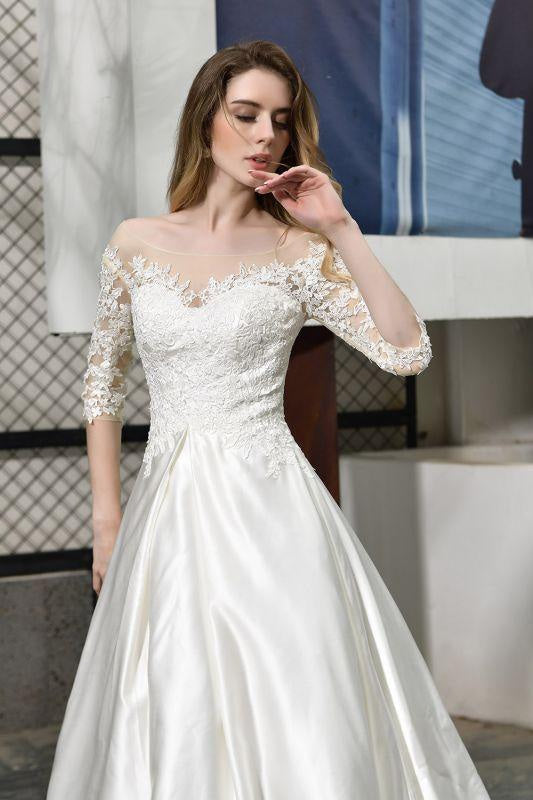 Bridelily Elegant Lace-up A-Line Applique Satin Wedding Dress