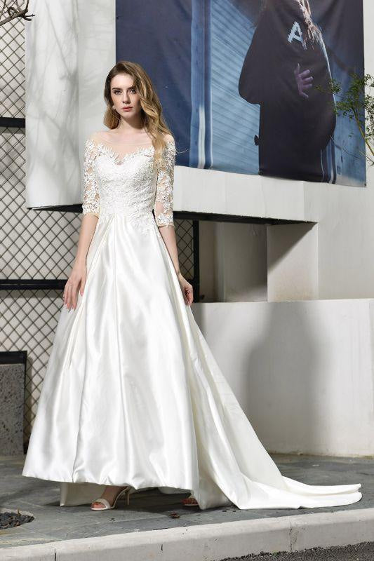 Bridelily Elegant Lace-up A-Line Applique Satin Wedding Dress