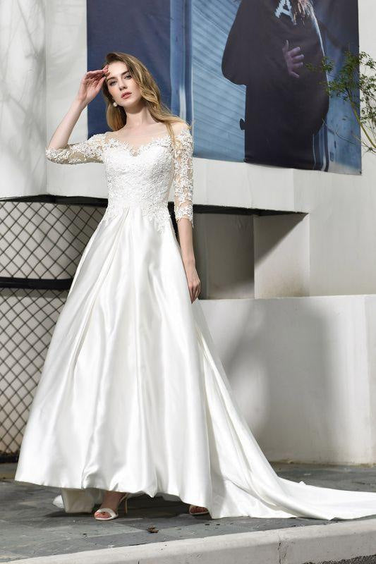 Bridelily Elegant Lace-up A-Line Applique Satin Wedding Dress
