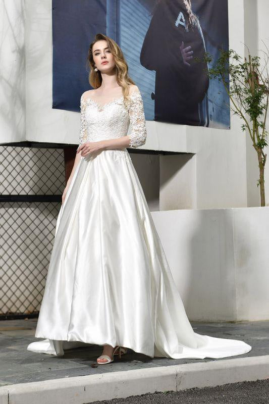 Bridelily Elegant Lace-up A-Line Applique Satin Wedding Dress