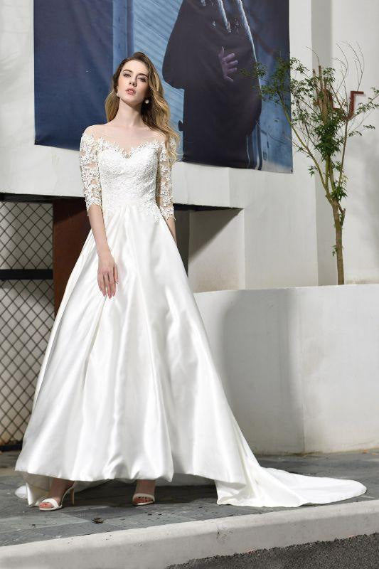 Bridelily Elegant Lace-up A-Line Applique Satin Wedding Dress
