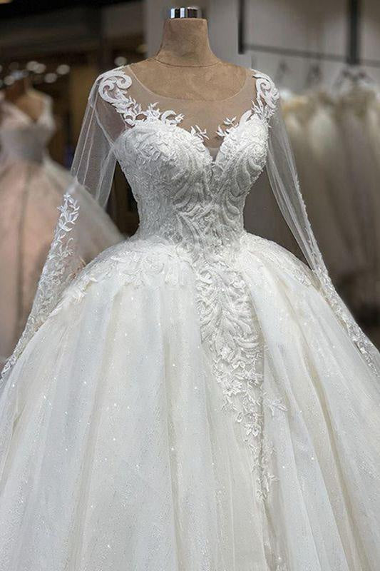 Bridelily Elegant Long Sleeve Ball Gown Tulle Wedding Dress