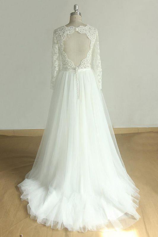 Bridelily Elegant Long Sleeve Lace Tulle A-line Wedding Dress