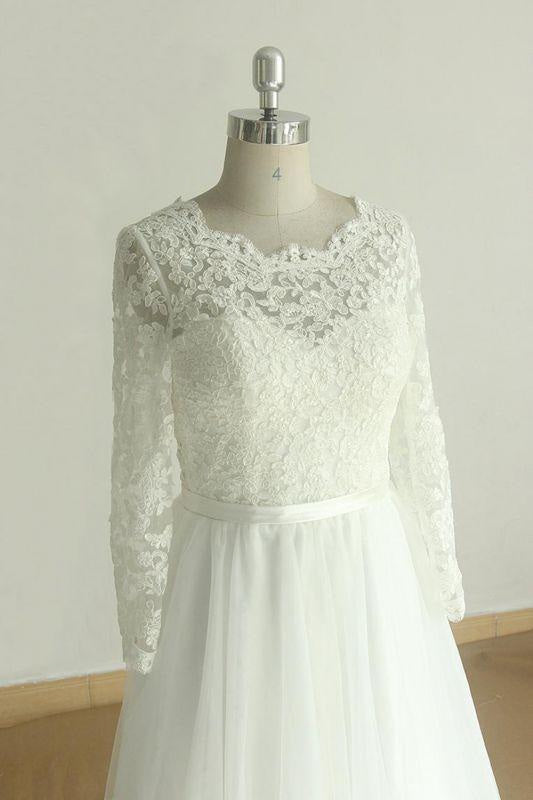 Bridelily Elegant Long Sleeve Lace Tulle A-line Wedding Dress