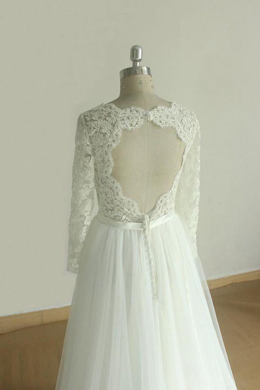 Bridelily Elegant Long Sleeve Lace Tulle A-line Wedding Dress