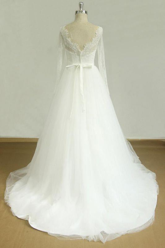 Bridelily Elegent Long Sleeve V-neck Lace Tulle Wedding Dress