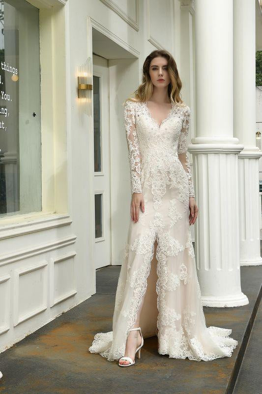 Bridelily Exquisite V-Neck Long Sleeve Mermaid Wedding Dress