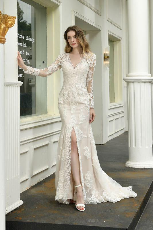 Bridelily Exquisite V-Neck Long Sleeve Mermaid Wedding Dress
