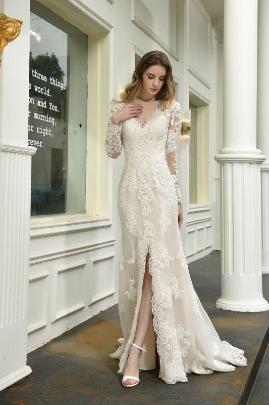 Bridelily Exquisite V-Neck Long Sleeve Mermaid Wedding Dress