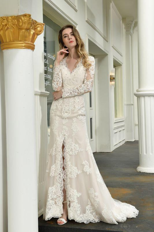 Bridelily Exquisite V-Neck Long Sleeve Mermaid Wedding Dress