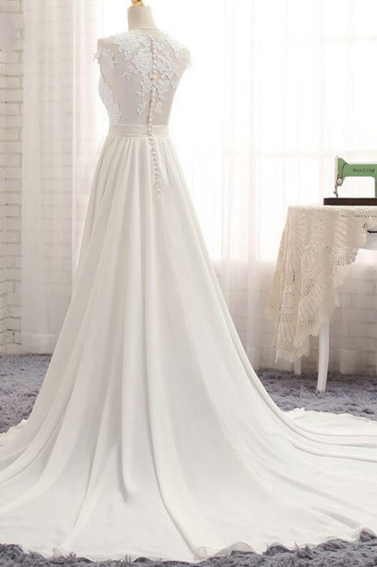 Bridelily Front Slit Appliques Chiffon A-line Wedding Dress