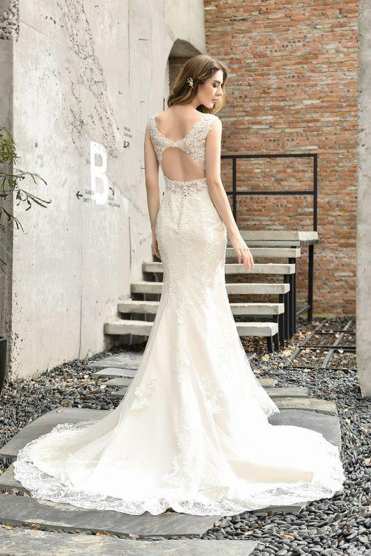 Bridelily Glamorous Mermaid Satin Lace Open Back Wedding Dress