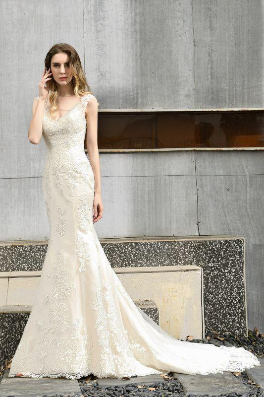 Bridelily Glamorous Mermaid Satin Lace Open Back Wedding Dress